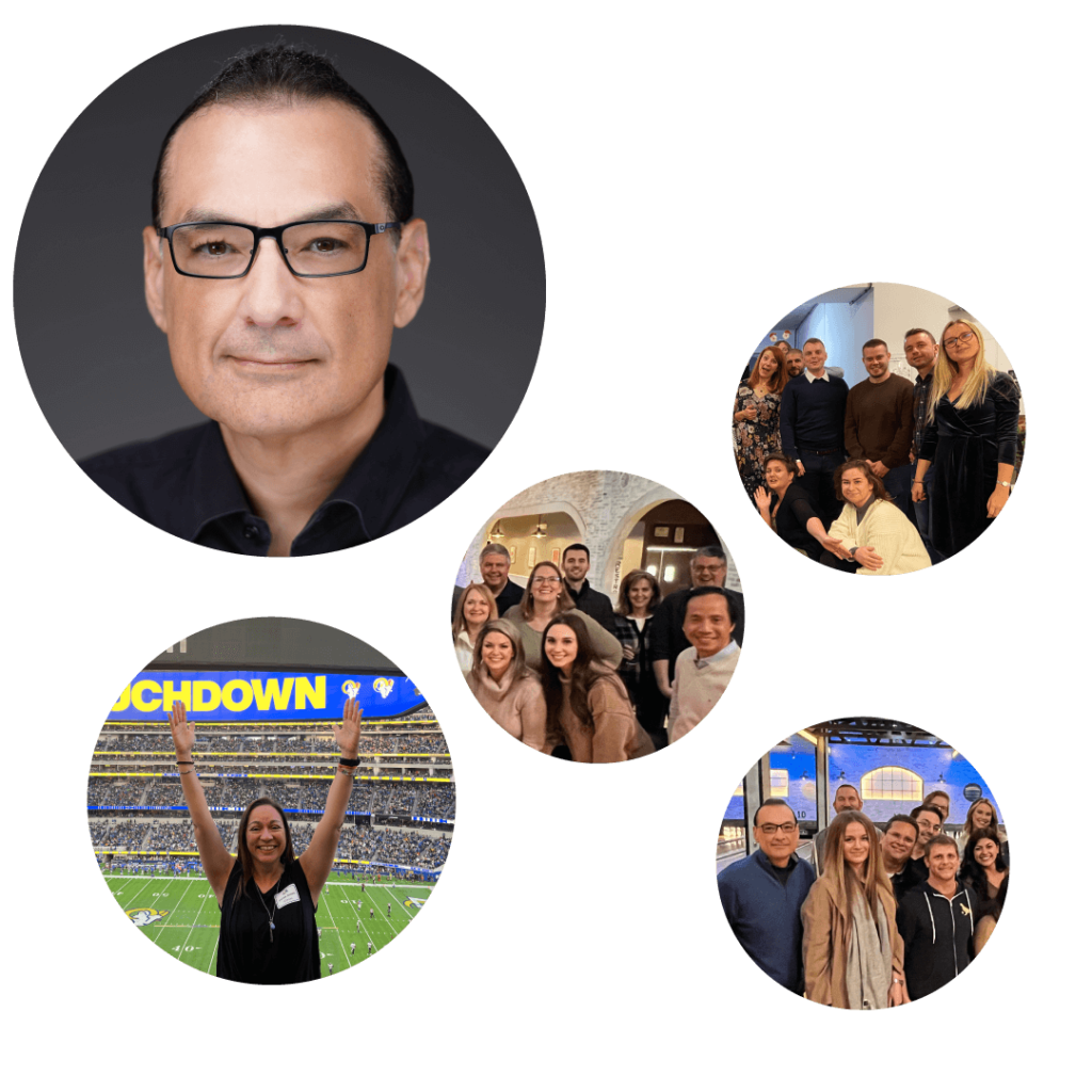 Our CEO Ruben Castano's headshot with a selection of 6Connex employee gatherings and outings