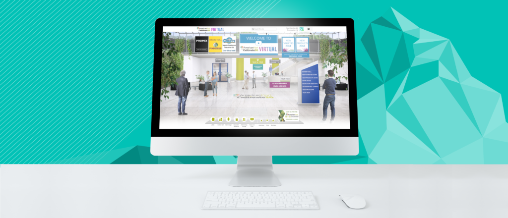 Desktop computer showing the AmericanHort virtual lobby for their all-industry tradeshow, Cultivate.