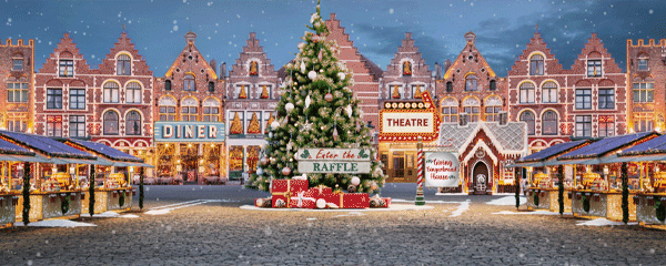 A virtual town square with a Christmas tree and several buildings with snow falling