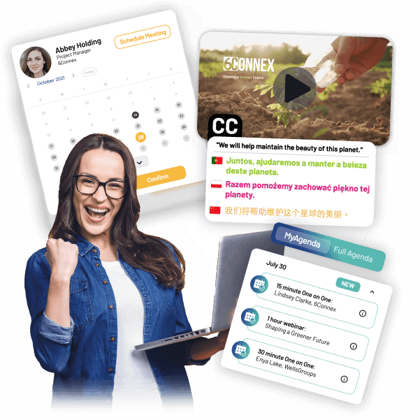 happy woman holding laptop