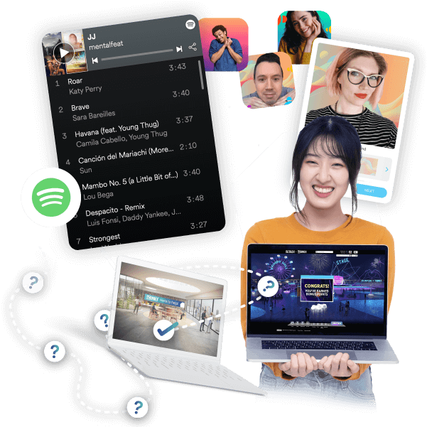 happy girl attending virtual event on laptop