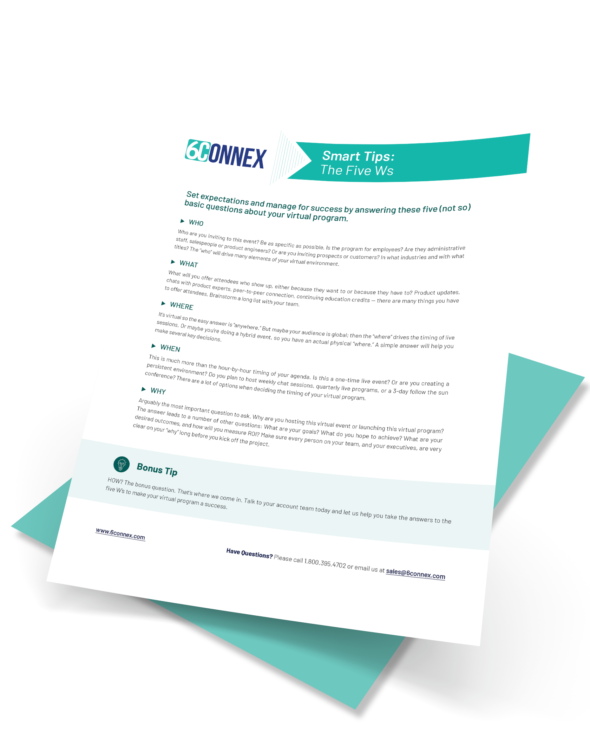 Image of 6Connex Tip Sheet about 5 Key Questions to ask when putting on a virtual event
