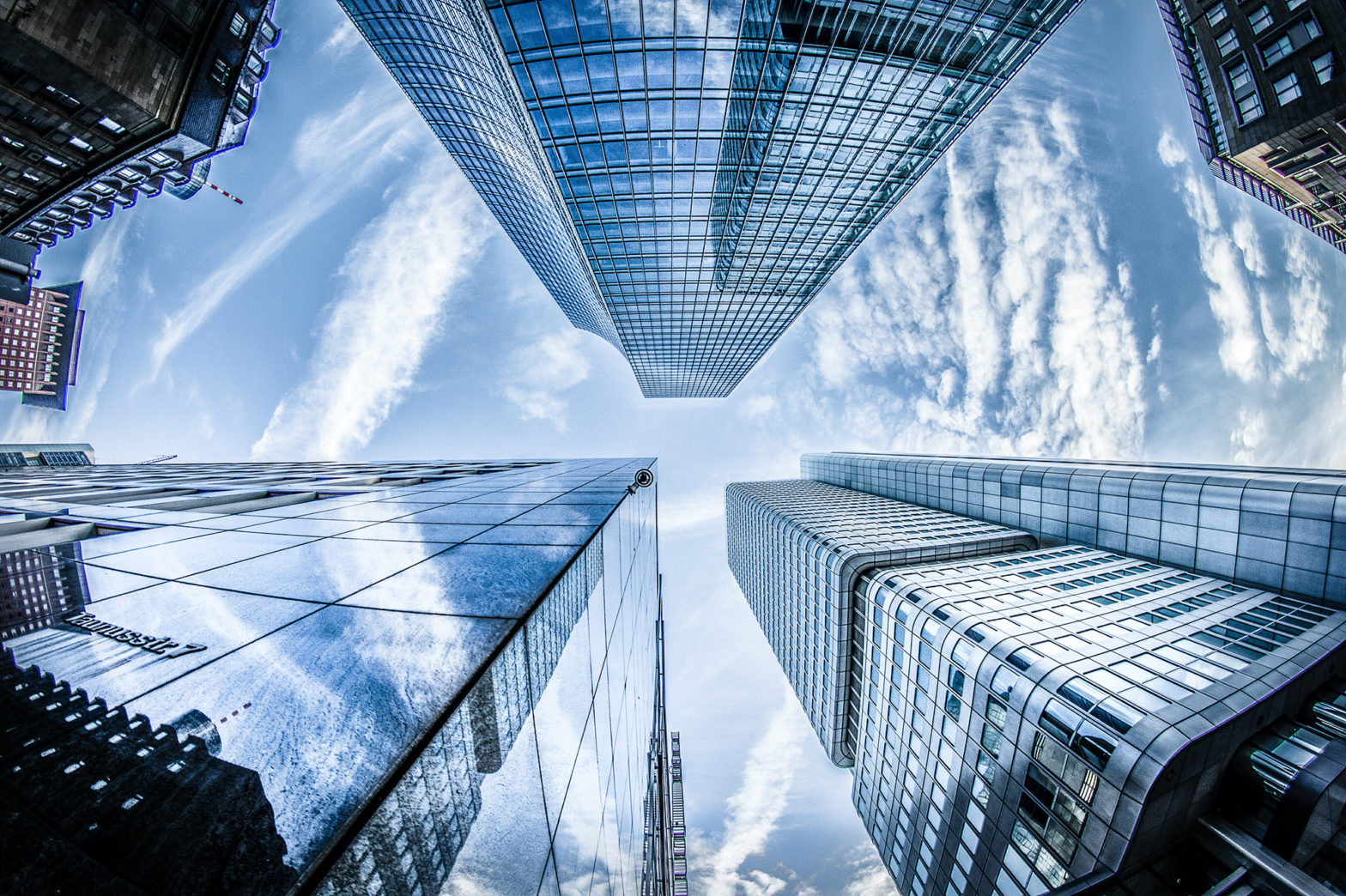 fish eye view of buildings in a city